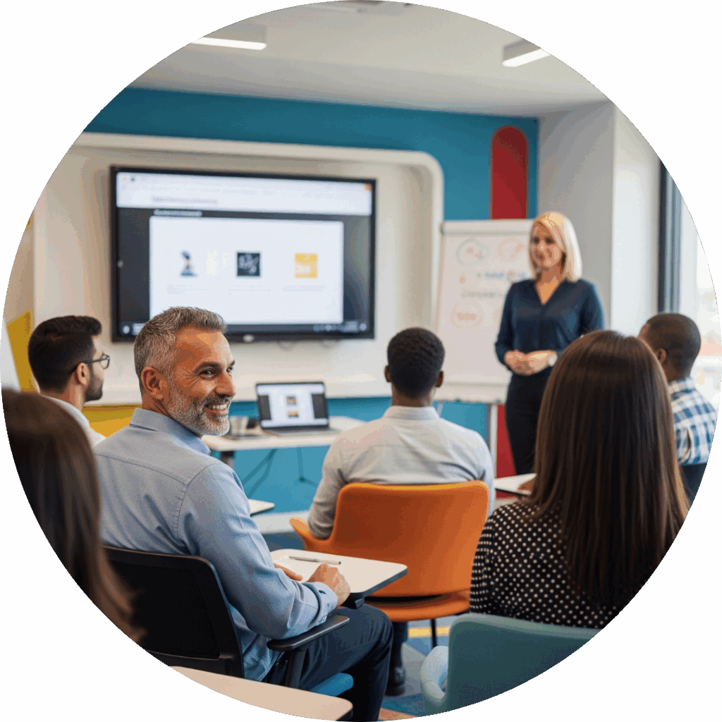 Personas recibiendo una formación en un aula de parte de una profesora