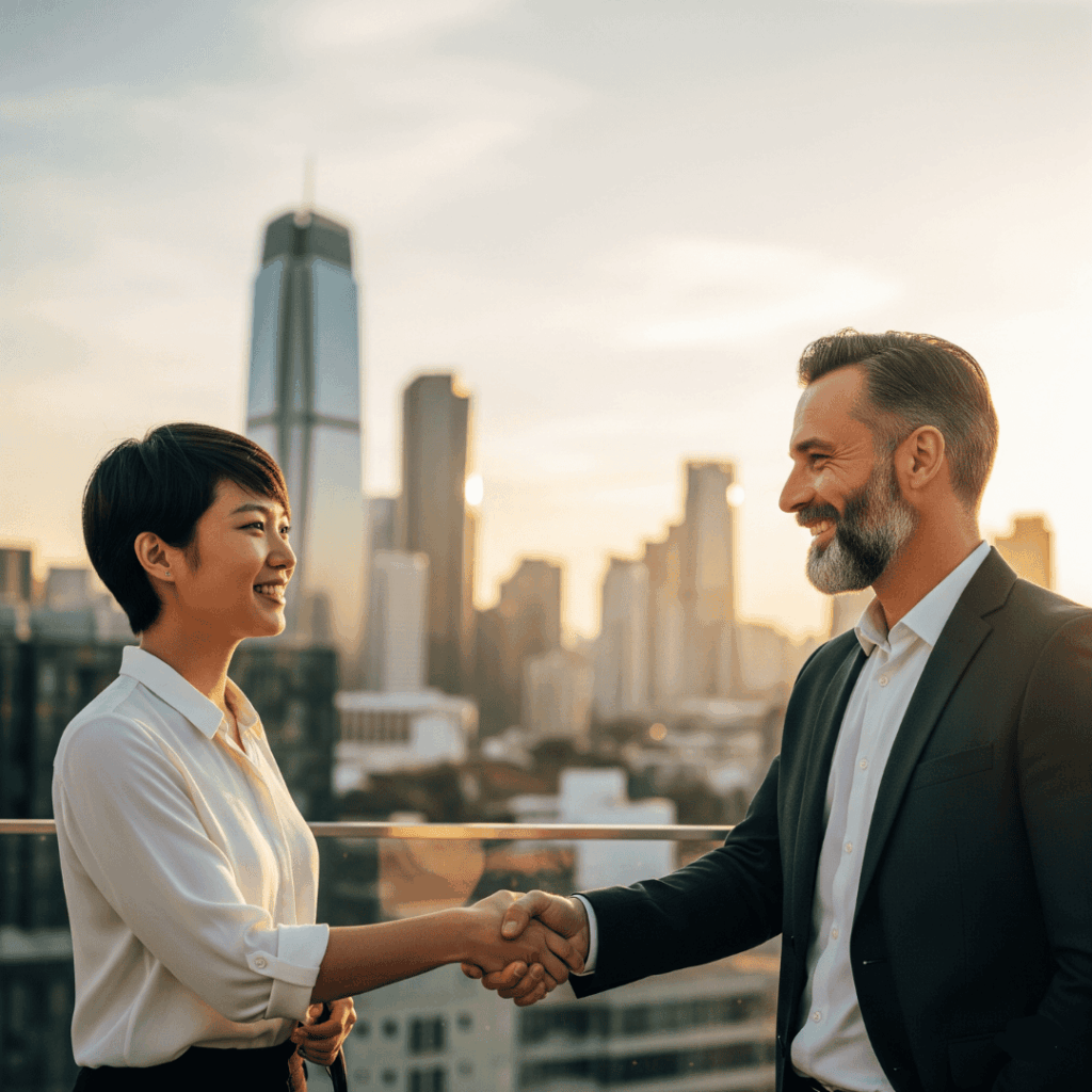 Dos profesionales, un hombre y una mujer, dándose la mano con un horizonte urbano al atardecer de fondo, simbolizando una colaboración exitosa.