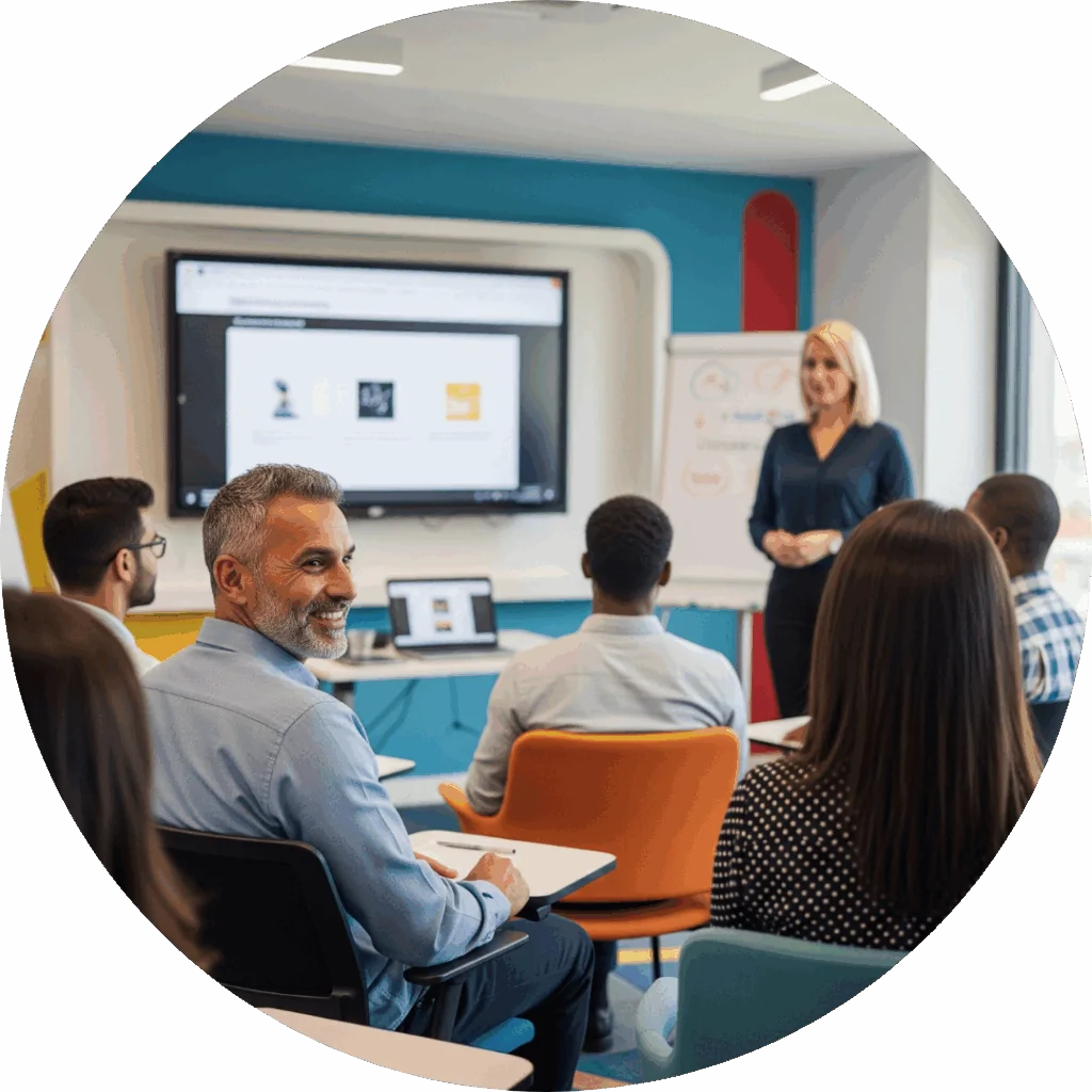 Personas recibiendo una formación en un aula de parte de una profesora